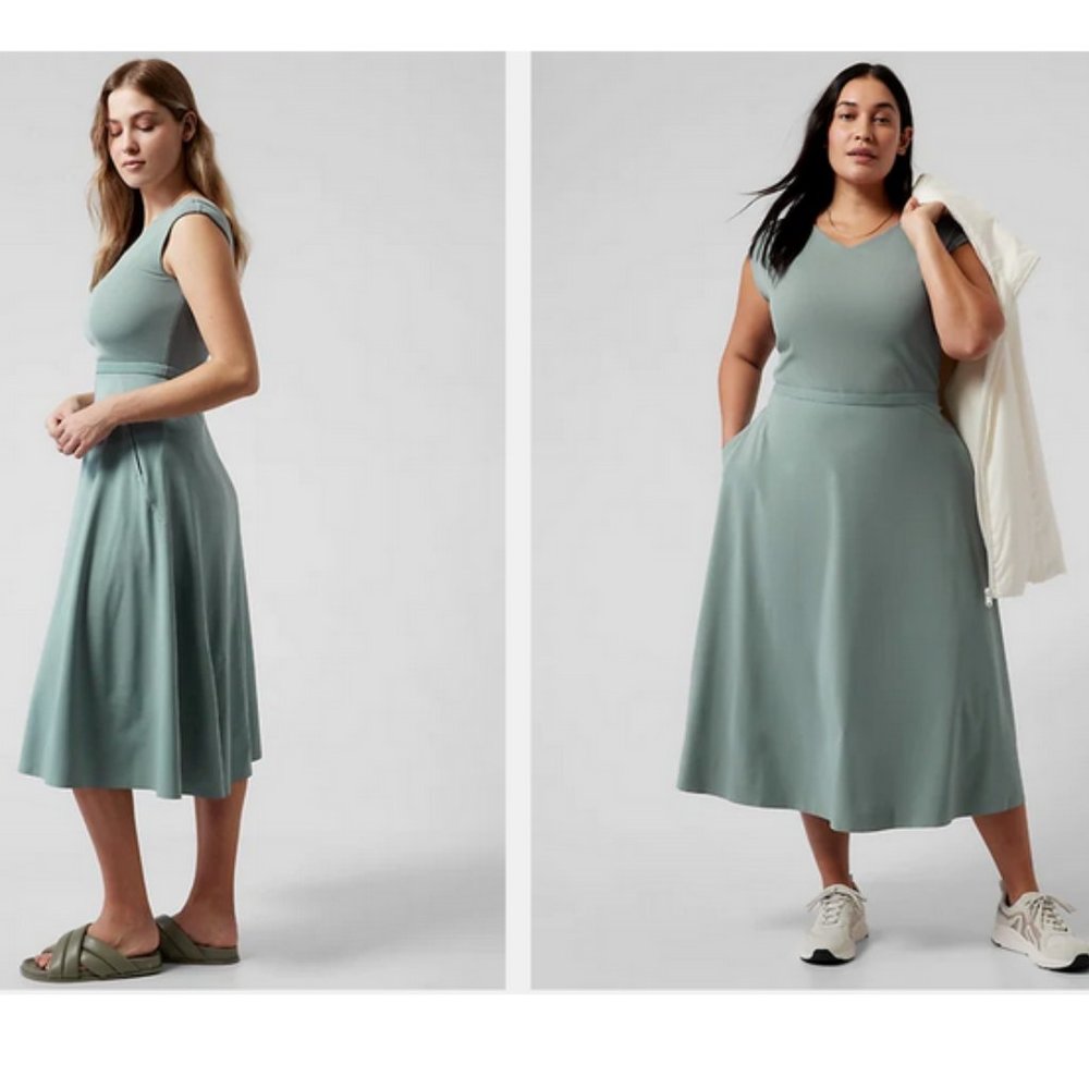 Athleta Ryder Dress Large L. Light blue/green, Active Midi Dress. NEW with tags.